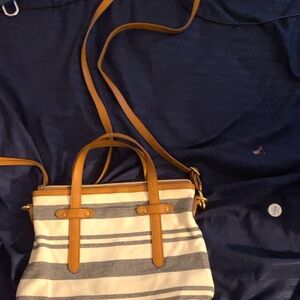 Fossil Tan and Blue Striped Crossbody Bag